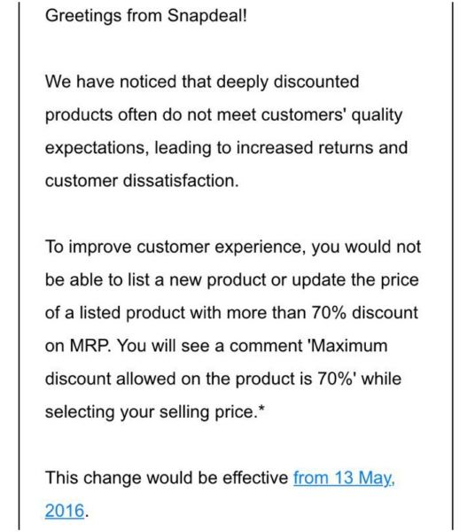 Snapdeal banning discounts? Thinking of seller benefits now?